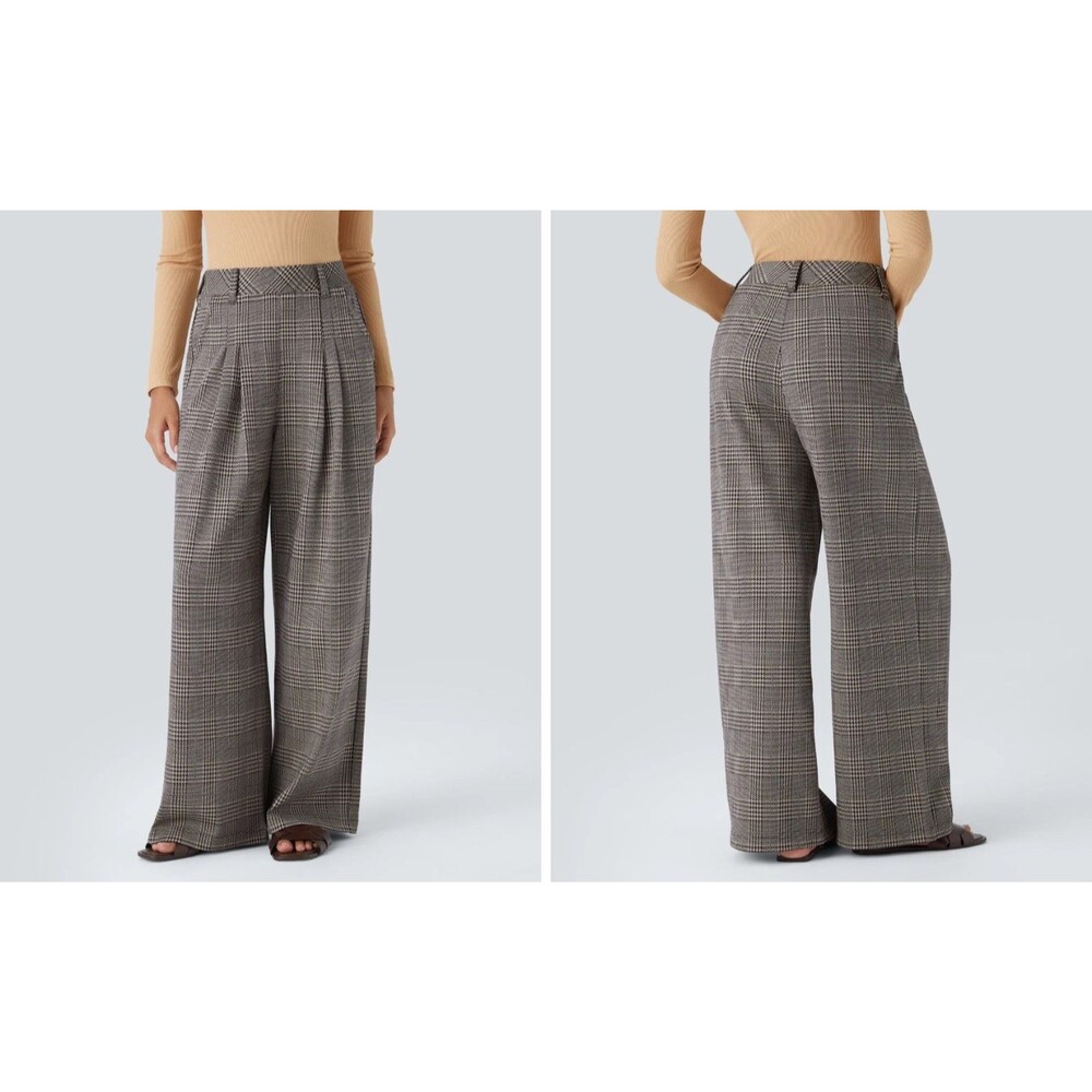 HALARA High Waisted Pocket Wide Leg Plaid Pant XS Brown Houndstooth NWT B83